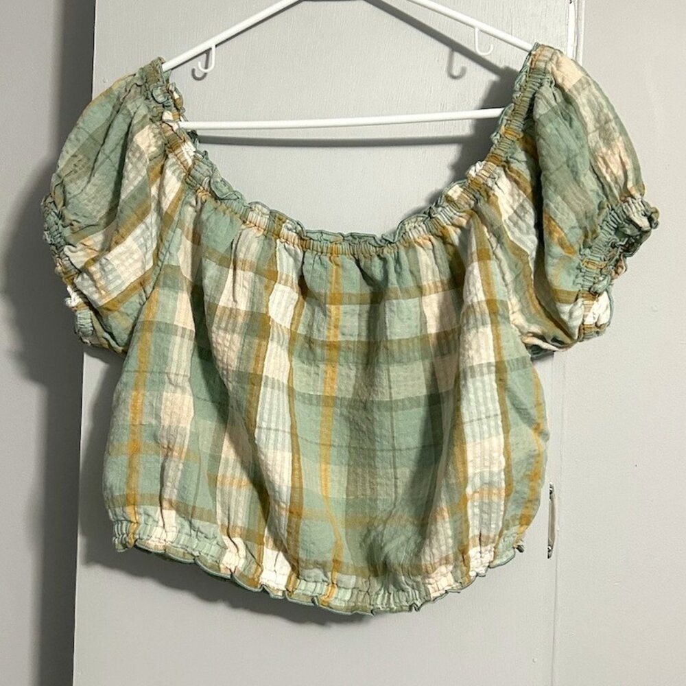 American Eagle Plaid Crop Top On or Off Shoulder Women's Size‎ L